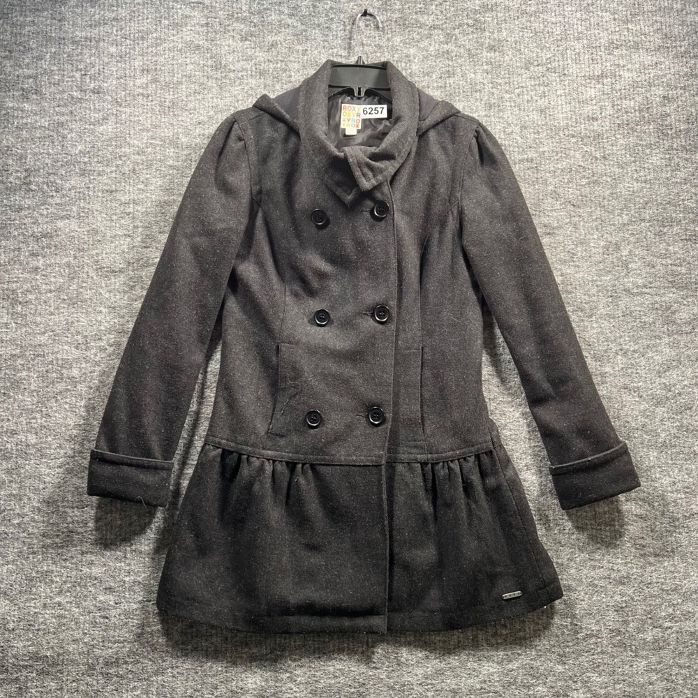 Roxy Womens Double Breasted Hooded Peacoat Jacket Dark Gray Small